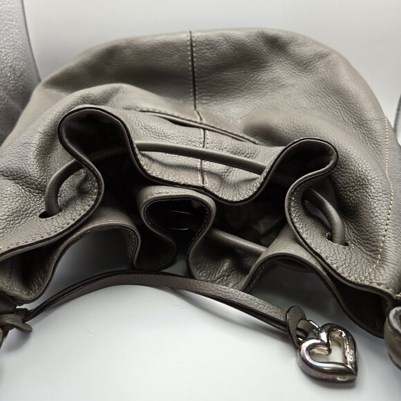 Brighton Gray Pebbled Leather Drawstring Bucket Purse with Shoulder Strap - Picture 13 of 16